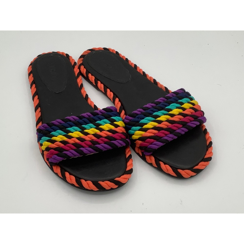 Schutz Rainbow Rope‎ Platform Slides Sandals Women 8B Black Orange